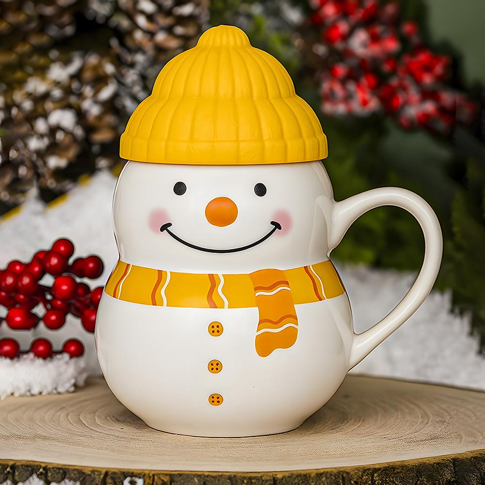 Чашка новогодняя с крышкой снеговик 350 мл Желтый - фото 1 Чашка новогодняя с крышкой снеговик 350 мл Желтый - фото 1