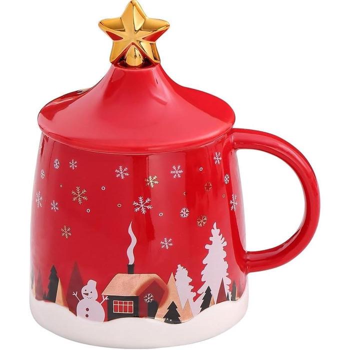 Кружка кофейная рождественская SuperglockT с крышкой и с палочкой для помешивания 400 мл Красная (2672716)