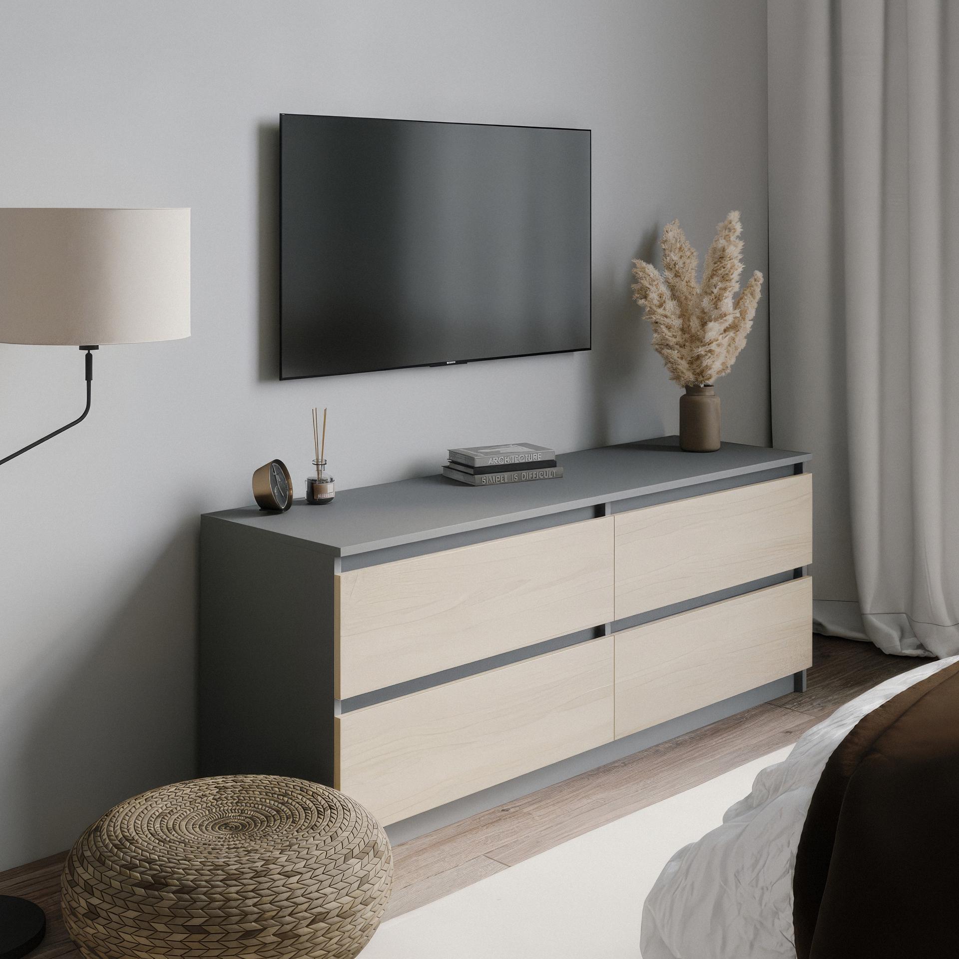 Тумба под телевизор на 4 ящика без ручек FT-223 1400x400x530 мм Антрацит/Дуб Сонома