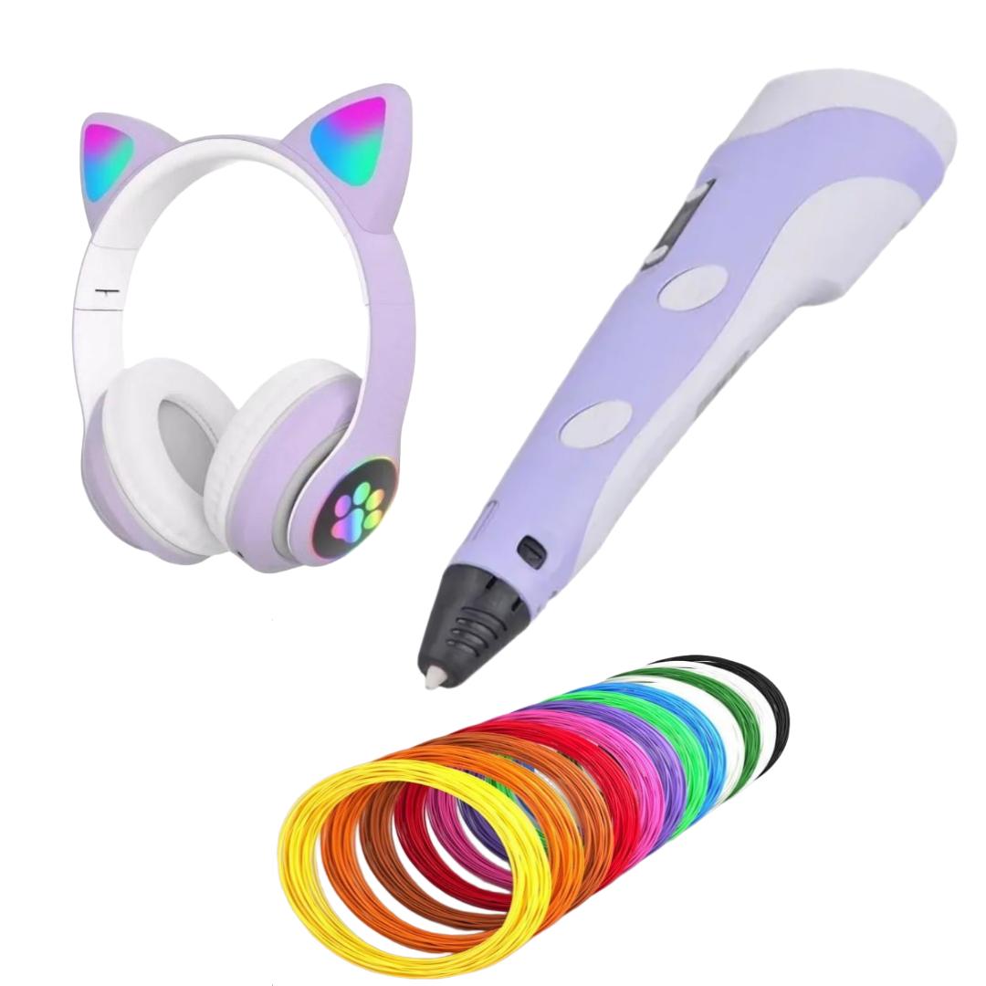 Комплект дитячий STN-28 Навушники з котячими вушками/3D-ручка для малювання/пластик 200 м Різнокольоровий/Purple