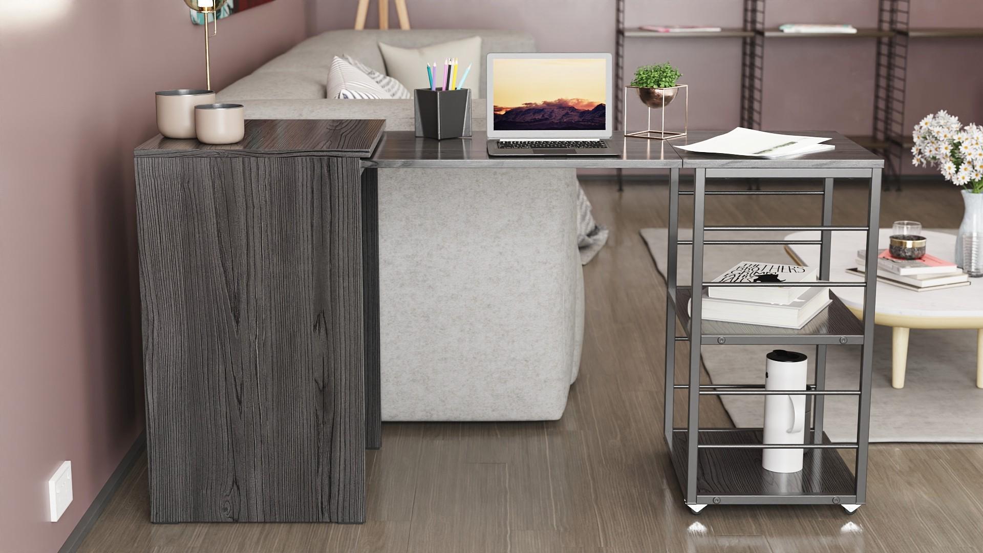 Стол-тумба трансформер Ferrum-decor Смарт 3/1 с этажеркой металл/ДСП 16 мм 1430x1450x500 мм Черный/Бетон (FRD-105115) - фото 11