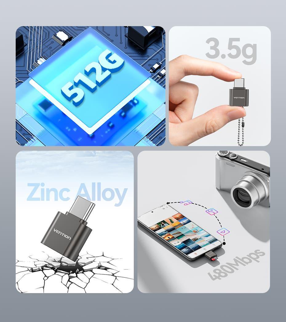 Кардридер Vention Type-C для TF Micro SD 480 Мбит/с для Чтения Карт памяти USB-C Серый (CLMH0) - фото 3