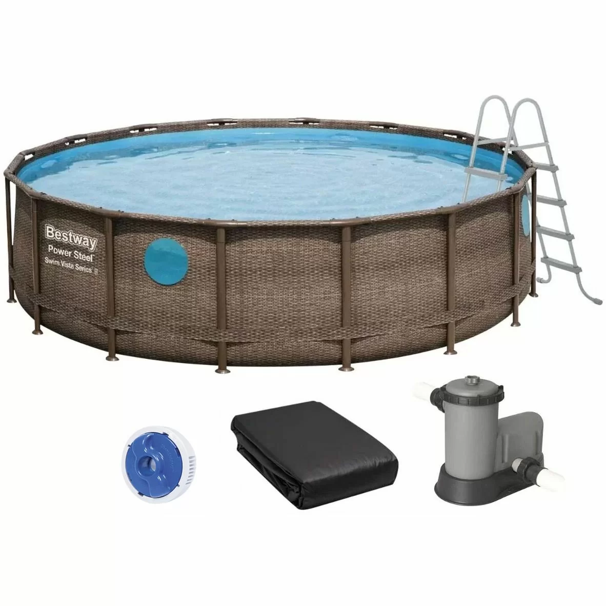 Бассейн каркасный Bestway 56725 с картриджным фильтром лестницей и тентом 488х122 см