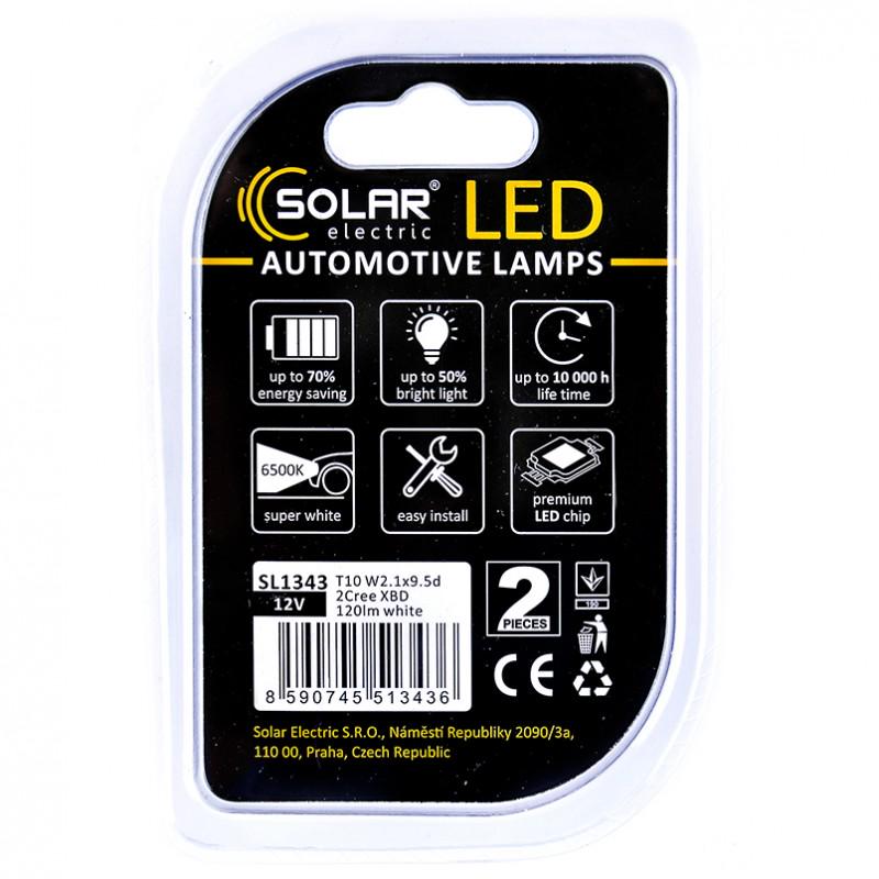 Светодиодные Led автолампы Solar Premium Line 12 В T10 W2,1x9,5d 2Cree XBD 120lm White - фото 3