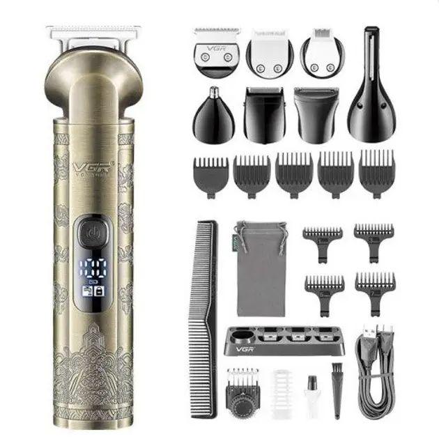 Тример VGR для носа/волосся та бороди акумуляторний 2 швидкості з LED-дисплеєм та насадками 1200 мА (V-110)