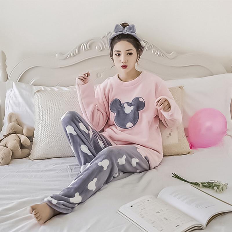 Женская пижама Lesko Mickey Mouse Pink + Gray L теплая флисовая домашний костюм - фото 6