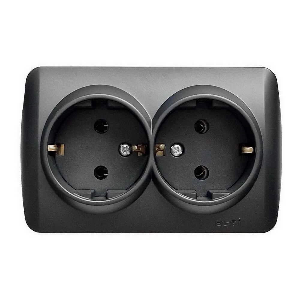 Розетка El-BI Alsu двойная с заземлением накладная Черный (IP20)