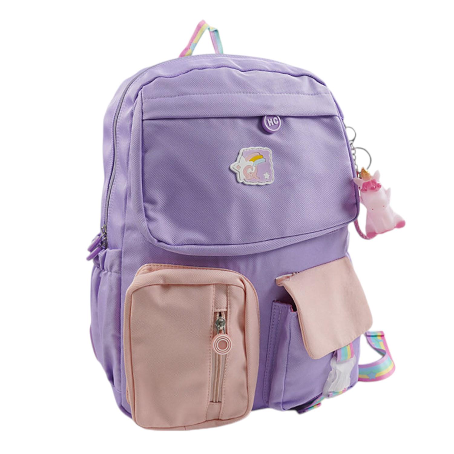Рюкзак детский школьный 1 отделение 6 карманов брелок в комплекте Бежево-фиолетовый (C 72837)