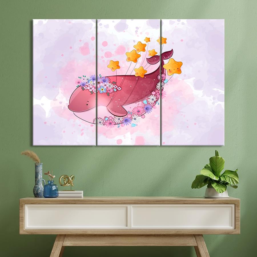 Картина в детскую комнату Розовый кит с цветами и звёздами 156x100 см (A1378-3)