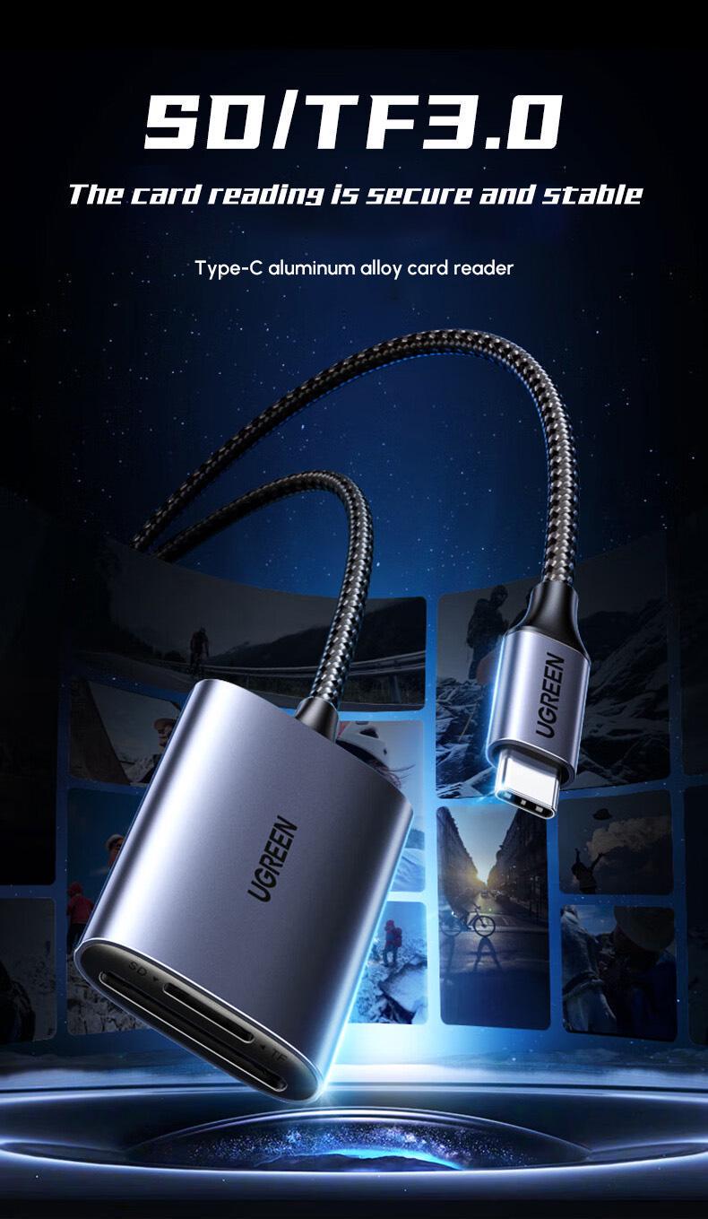 Кардрідер UGREEN USB-C 15см USB-C/5 Гбіт/с Читання SD/TF одночасно карт до 2 ТБ алюмінієвий Нейлоновий Сірий (80888) - фото 2