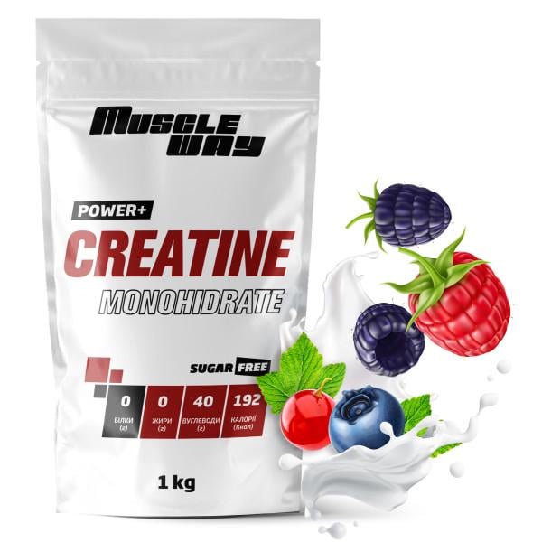 Креатин моногідрат MuscleWay POWER+ 99,9% без цукру Лісові ягоди 1 кг на 200 порцій (21-125-cre-mw-rs1.ly)