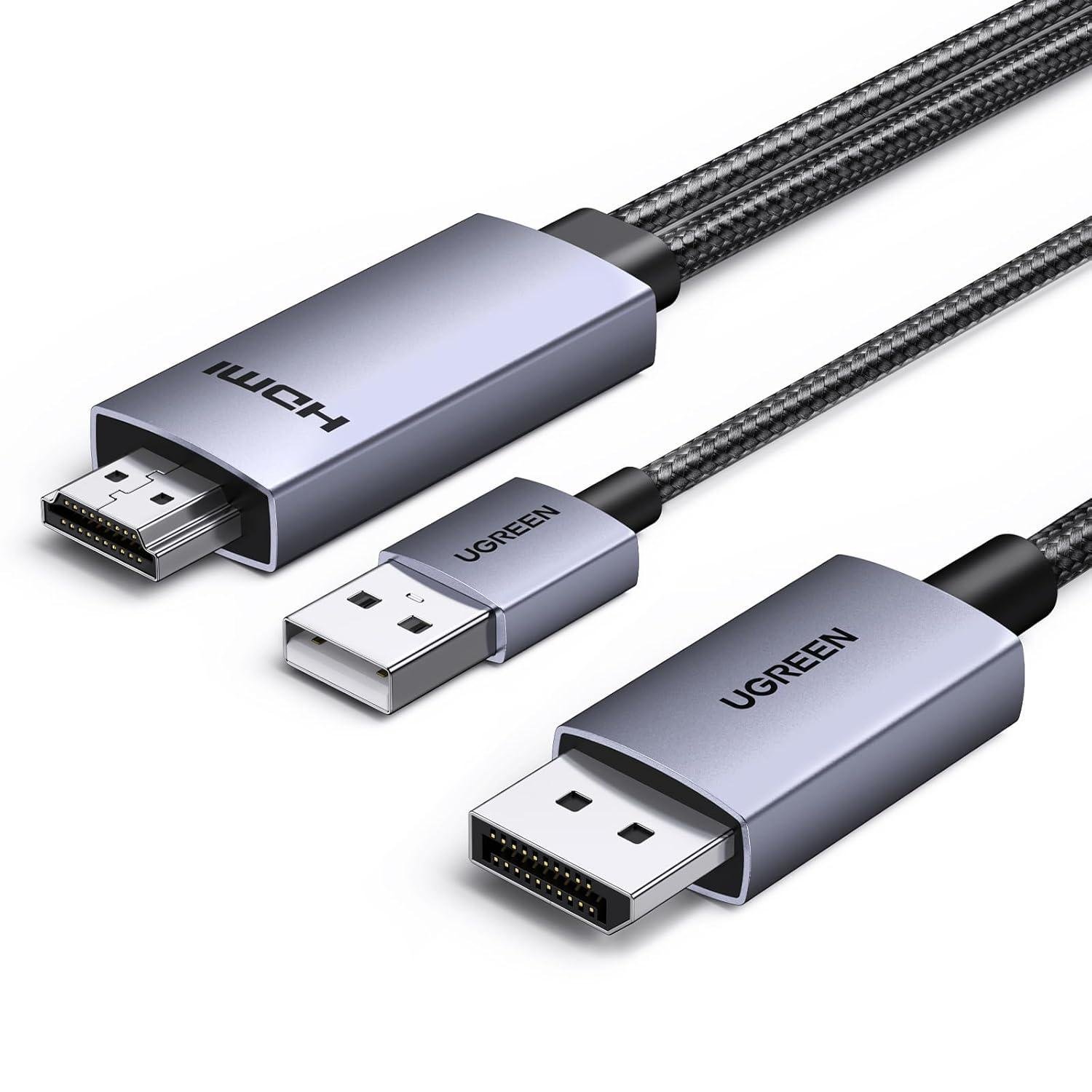Кабель UGREEN HDMI-DisplayPort односторонний 4K при 60 Гц/1440P при 144/120 Гц/1080P при 240 Гц с питанием USB-A Gray (55329)