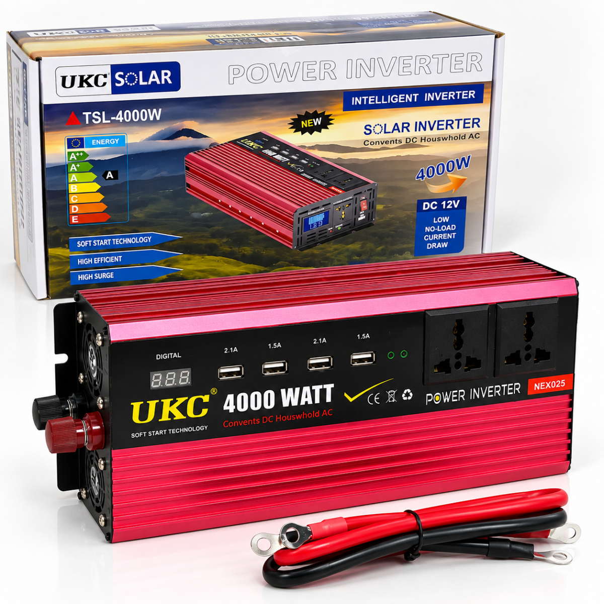 Инвертор UKC 4000 Вт с 3 розетками 12В-220В Красный (C23-K49)