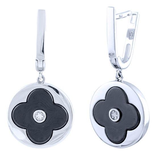 Серьги серебряные из черной керамики и фианитов Серьги серебряные из черной керамики и фианитов