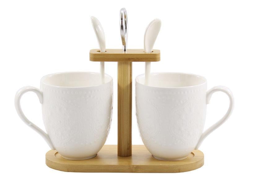 Набор чашек фарфоровый Interos на бамбуковой подставке с ложками 2 шт. 300 мл (PJ03392)
