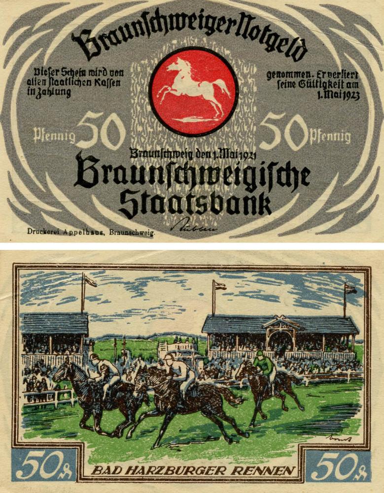 Коллекционная банкнота Германия Нотгельд 50 пфеннигов 1923 F-VF Брауншвейг Разновидность 3 (Б18751)