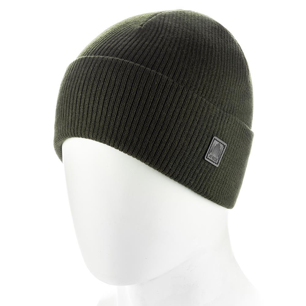 Шапка чоловіча бавовняна подвійна Atrics MH900 з регульованим відворотом та шкіряною емблемою Темний хакі