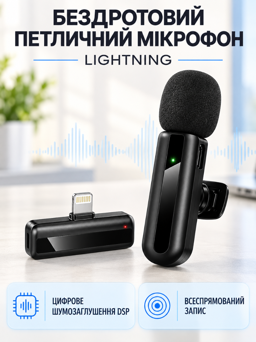 Микрофон петличный Lightning для iPhone беспроводной Черный (37261569) - фото 2 Микрофон петличный Lightning для iPhone беспроводной Черный (37261569) - фото 2