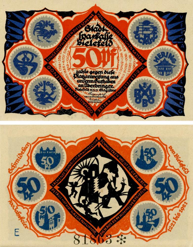 Коллекционная банкнота Германия Нотгельд 50 пфеннигов 1921 F-VF Билефельд Разновидность 2 (Б18796)