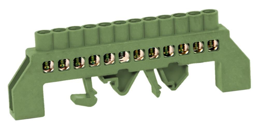 Шина нульова E.NEXT e.bsi.pro.2.12 мідь у корпусному ізоляторі універсальна 12 отворів 6х9 мм Зелений (p0650022)