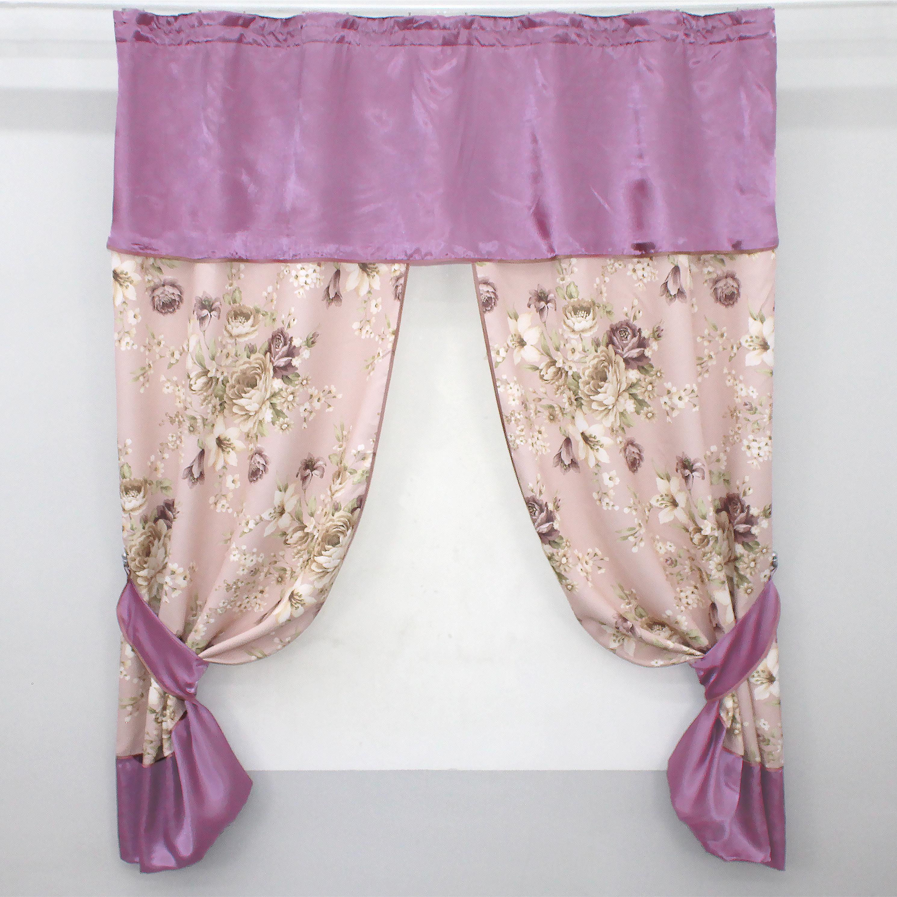 Шторы кухонные VR-Textil № 073к с ламбрекеном и подхватами 270х170 см Лиловый/Персиковый (52-0485)