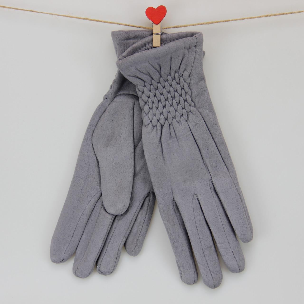 Перчатки женские шитые велюровые с мехом с резиновой вставкой S-M Серо-голубой (31247)