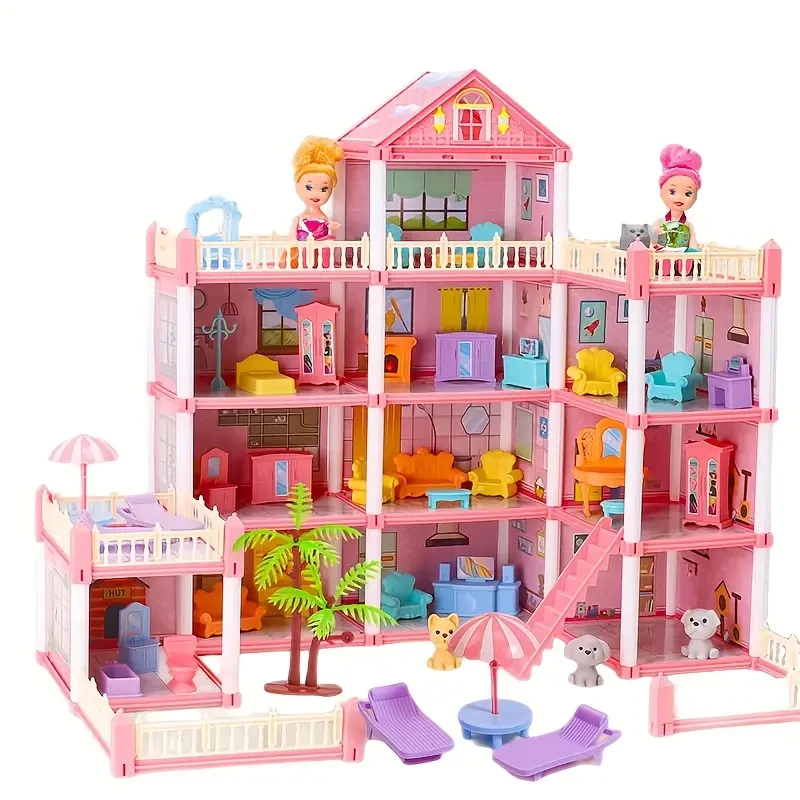 Кукольный дом с мебелью и аксессуарами и куклами 4 этажа 14 комнат