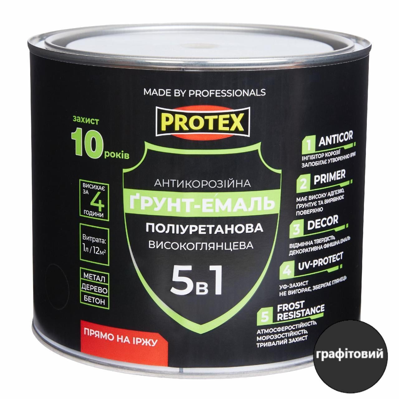 Грунт-емаль поліуретанова для металу глянсова PROTEX 5в1 2,4 кг 2,1 л RAL 7024 Графітовий