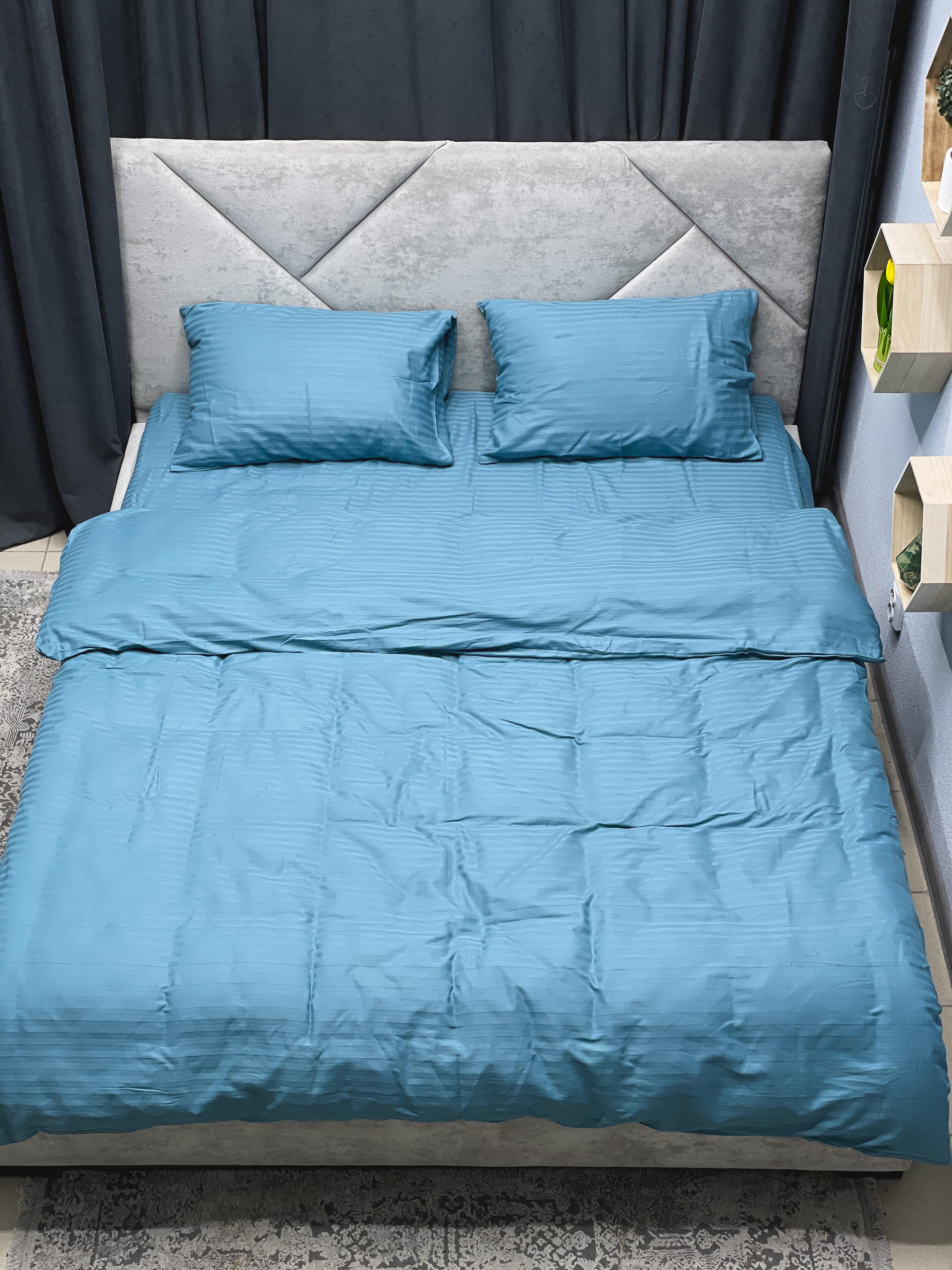 Комплект постельного белья Ego-textile 9071S страйп-сатин однотонный в полоску Голубой (198411462)