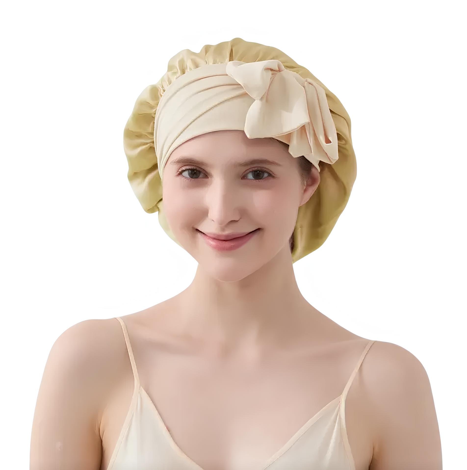 Шапка для сну жіноча великого розміру 100% шовк мульбері з регульованою гумкою і бантом Шампань (3355112)