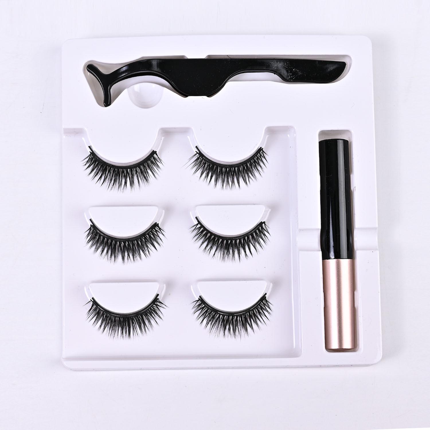 Набор накладных ресниц три пары многоразовых магнитных ресниц 3D с подводкой и пинцетом 5 магнитов ХК25 10 мм (01601010)