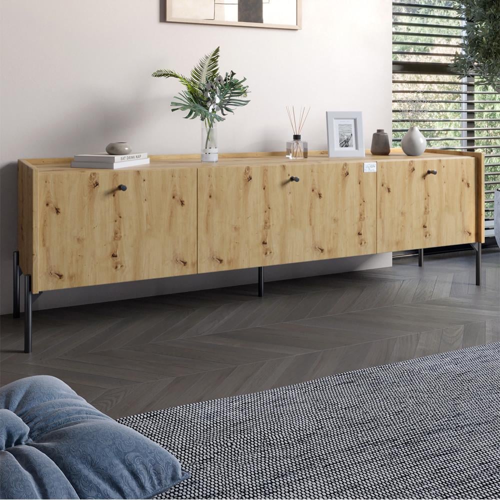 Тумба под телевизор на 3 ящика Lion Wood с черными ножками 160х65х40 см Дуб Артизан (Lion-043098)