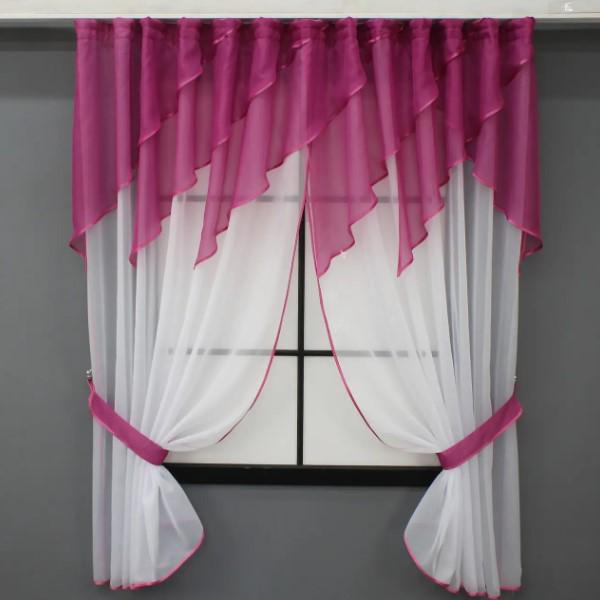 Шторы кухонные с ламбрекеном 280х170 см Белый/Малиновый (00к 59-948)