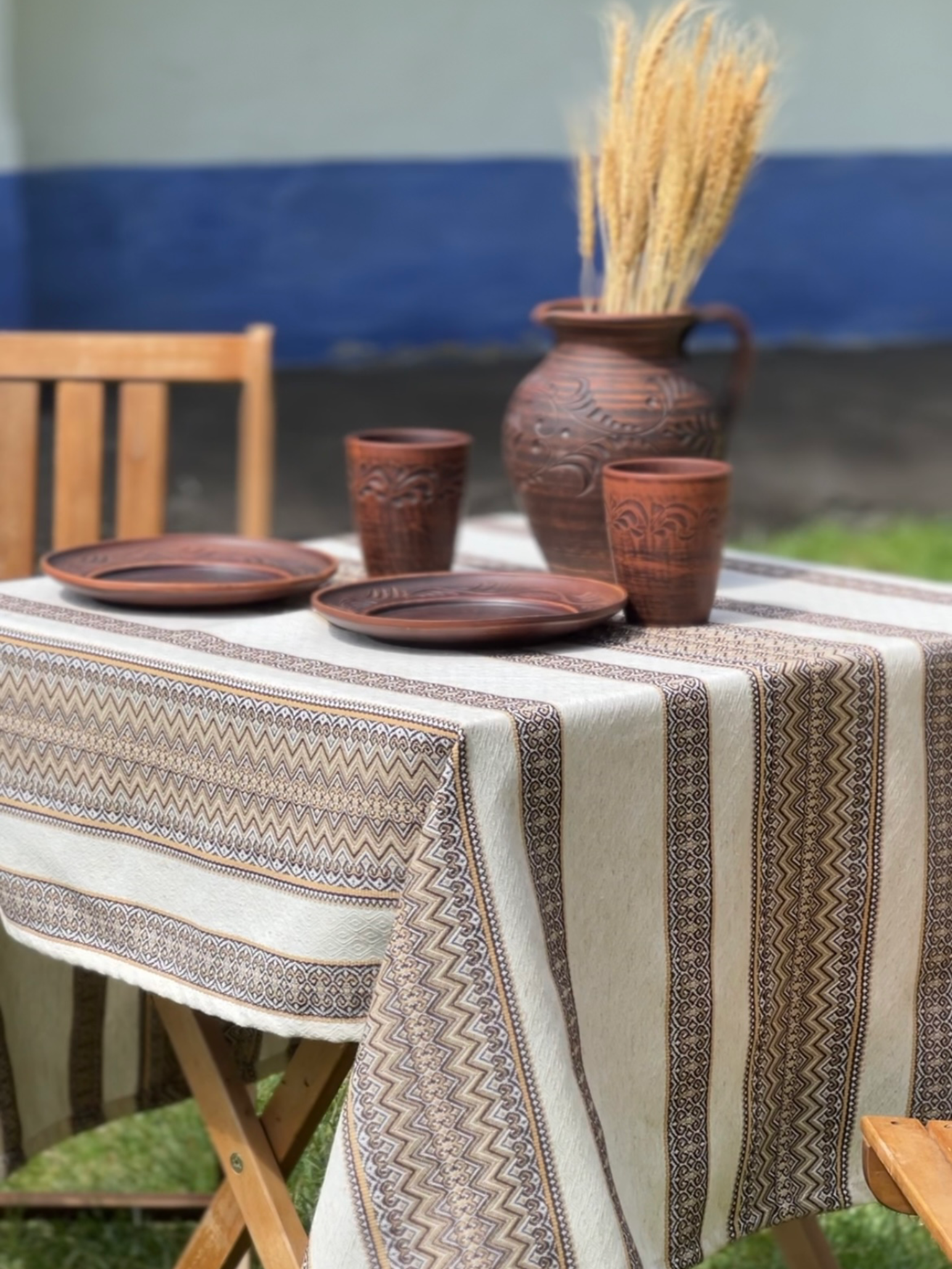 Скатертина лляна великодня Стожари з українським орнаментом 370x150 см Коричневий (1907-8)