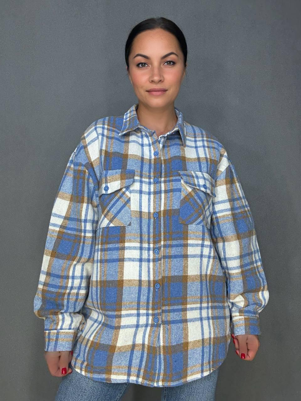 Сорочка жіноча YZY 223 картата оверсайз тепла байка OS Блакитний (5400) - фото 8 Сорочка жіноча YZY 223 картата оверсайз тепла байка OS Блакитний (5400) - фото 8