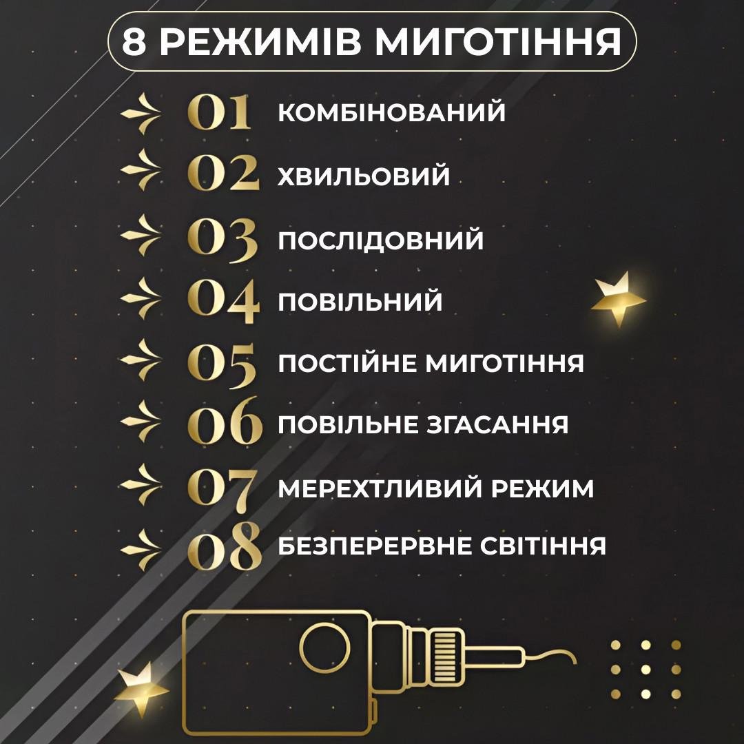 Гірлянда штора 3х0,7 м Зірки на 108 LED лампочок світлодіодна 6 великих та 6 маленьких зірок 9В 8 режимів Жовтий - фото 6