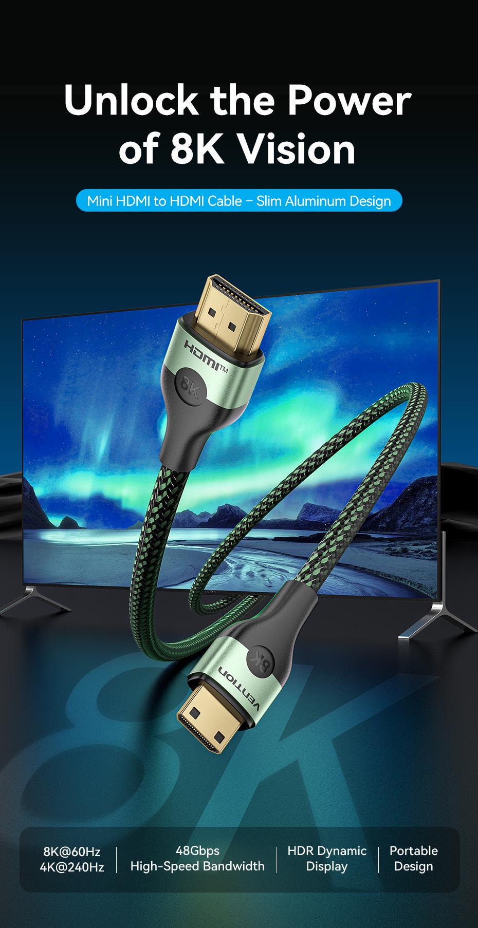 Кабель Vention Mini HDMI на HDMI 8K 60Hz HDMI 2.1 eARC Динамический HDR 1 м Зеленый (AGJGF) - фото 2 Кабель Vention Mini HDMI на HDMI 8K 60Hz HDMI 2.1 eARC Динамический HDR 1 м Зеленый (AGJGF) - фото 2