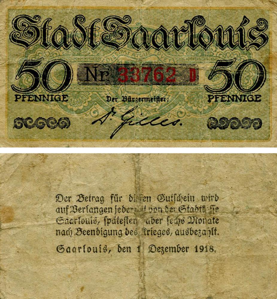Коллекционная банкнота Германия Нотгельд 50 пфеннигов 1918 F-VF Саарлуис (Б18732)