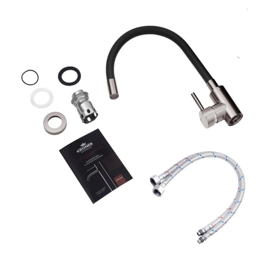 Смеситель для кухни Kraft 3004 PVD с гибким изливом из нержавеющей стали однорычажный с поворотом 360° Графитовый - фото 6