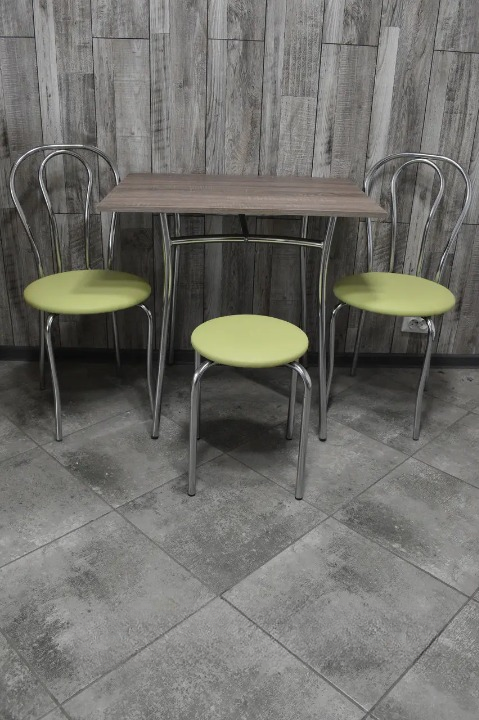 Кухонний комплект Tulipan Тріо стіл/стільці 2 шт./табурет в хром-корпусі 60х80х75 см Трюфель/Салатовий (28374211)