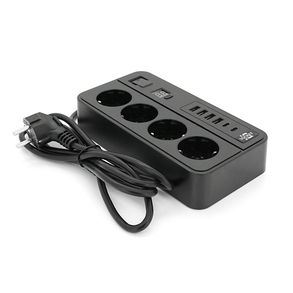 Подовжувач з таймером VOLTRONIC 3000W 4 розетки 4 USB 2 Type-C 2 м Чорний (YUT_V2158)