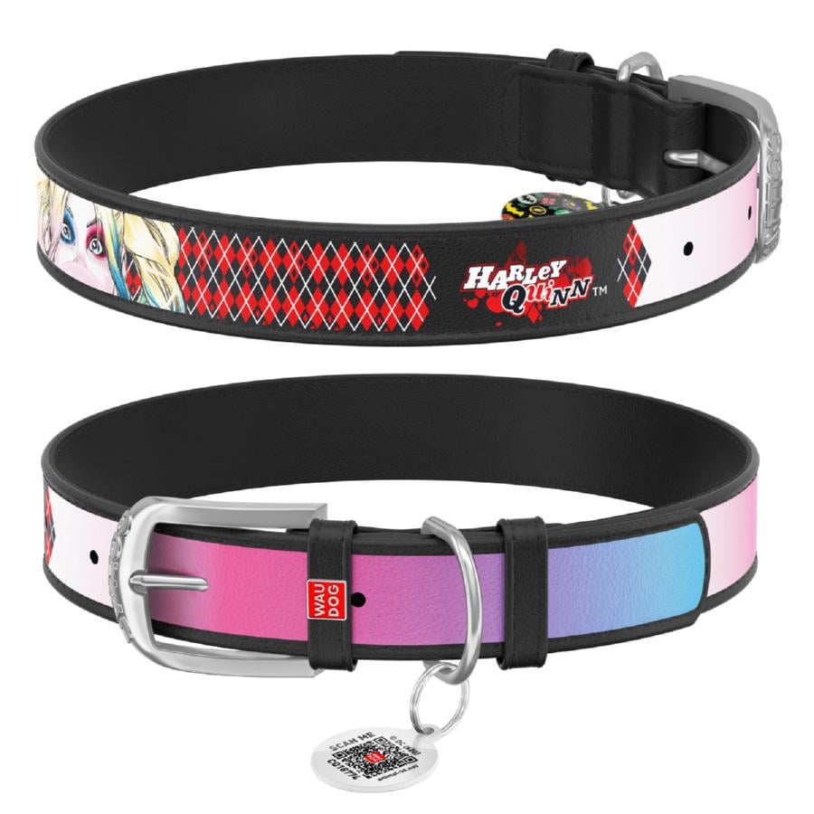 Ошейник для собак кожаный Waudog Design Харли Квинн с QR паспортом XL 35 мм 44-58 см