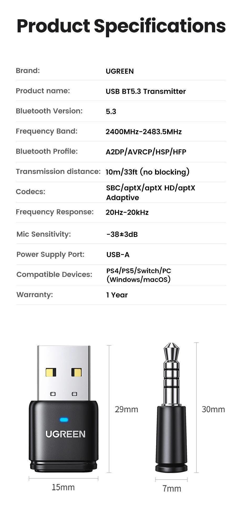 Передавач аудіо Ugreen Bluetooth 5.3 PS5 PS4 Чорний (15765) - фото 10