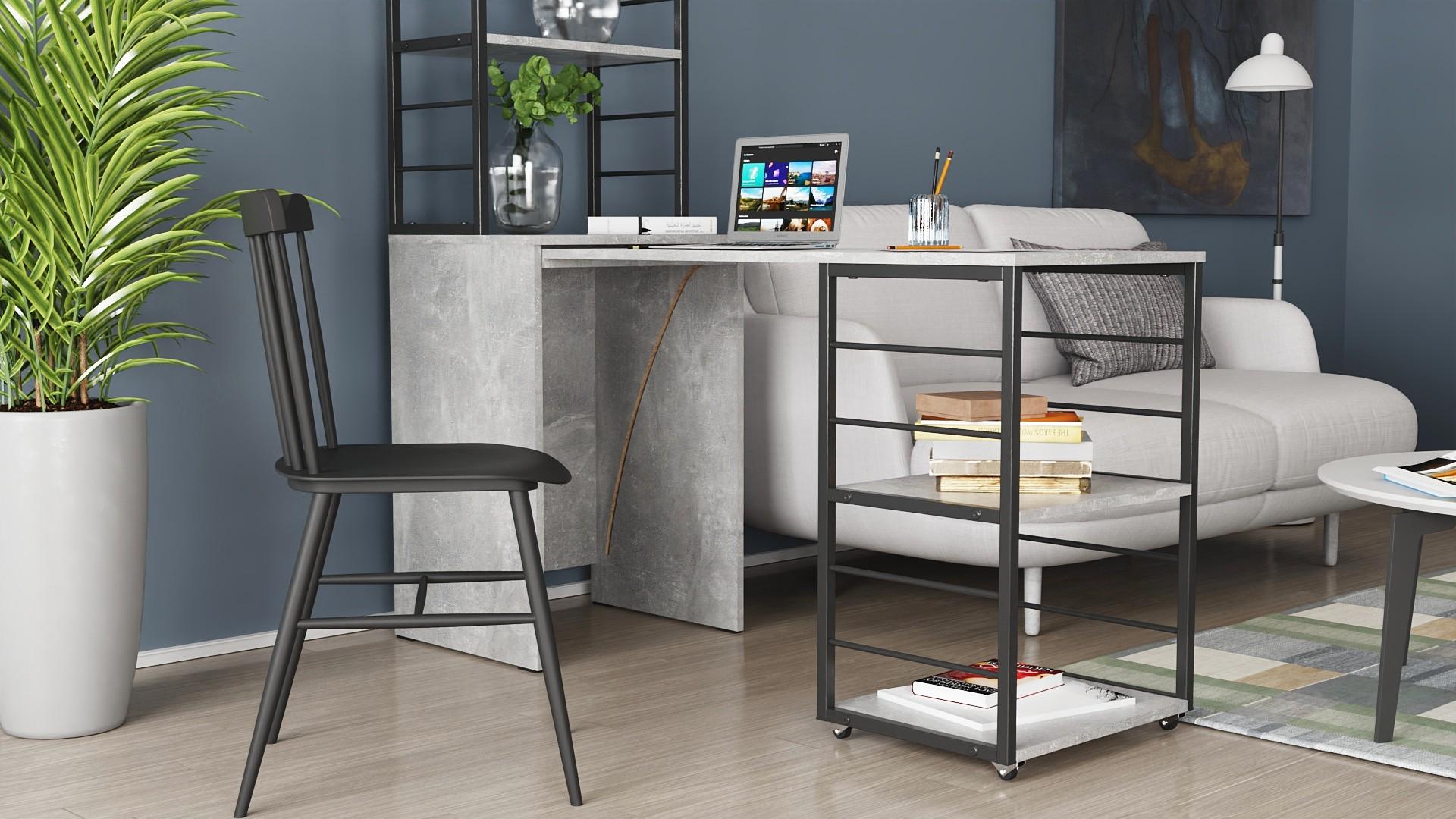 Стіл-тумба трансформер Ferrum-decor Смарт 3/2 з етажеркою метал/ДСП 16 мм 1430x1450x600 мм Чорний/Бетон (FRD-105122) - фото 4