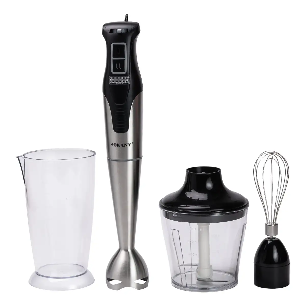 Блендер с чашей SOKANY SK-758-4 погружной из нержавеющей стали с 2 насадками Серебряный (118-107-SK-758-4) - фото 2 Блендер с чашей SOKANY SK-758-4 погружной из нержавеющей стали с 2 насадками Серебряный (118-107-SK-758-4) - фото 2