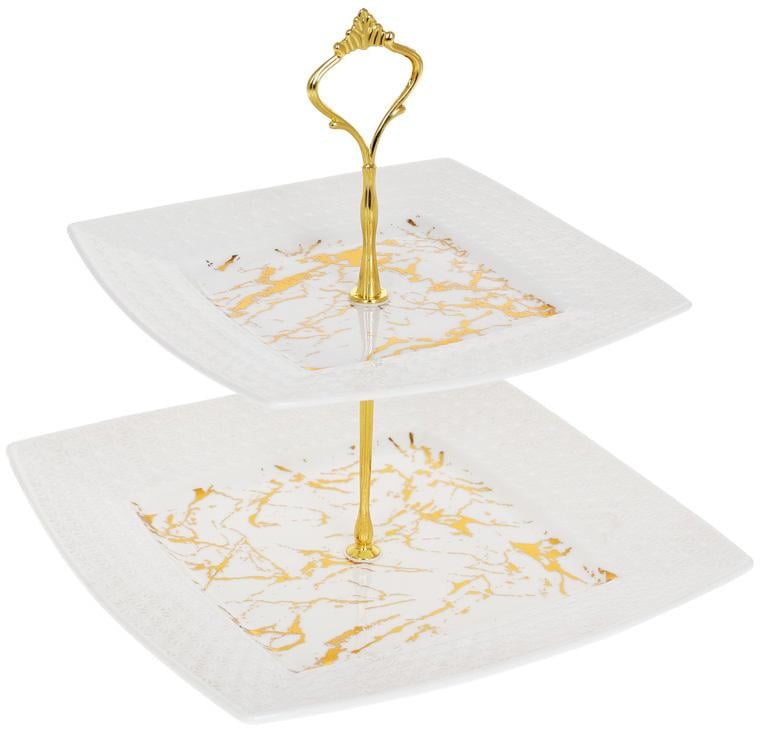 Фуршетная стойка Мраморная Роскошь 25 см 2-х ярусная квадратная Белый мрамор фарфор (BD-988-297)