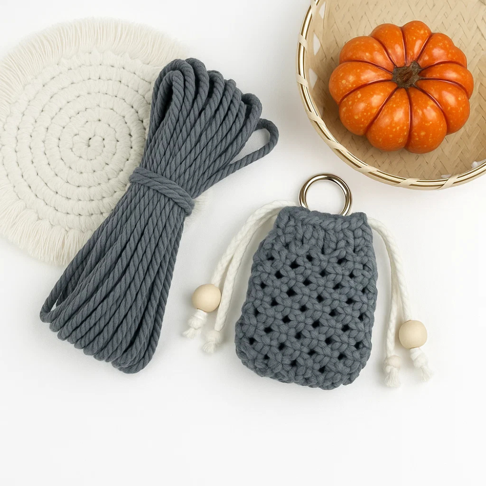 Набор макраме для рукоделия и ручной вязки чехла для наушников и аксессуаров 8х7 см Серый