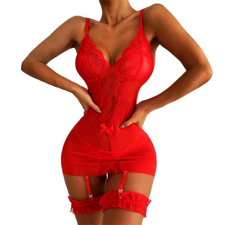Пеньюар короткий з підв'язками для панчіх XS-S Червоний (K1052-2) - фото 8