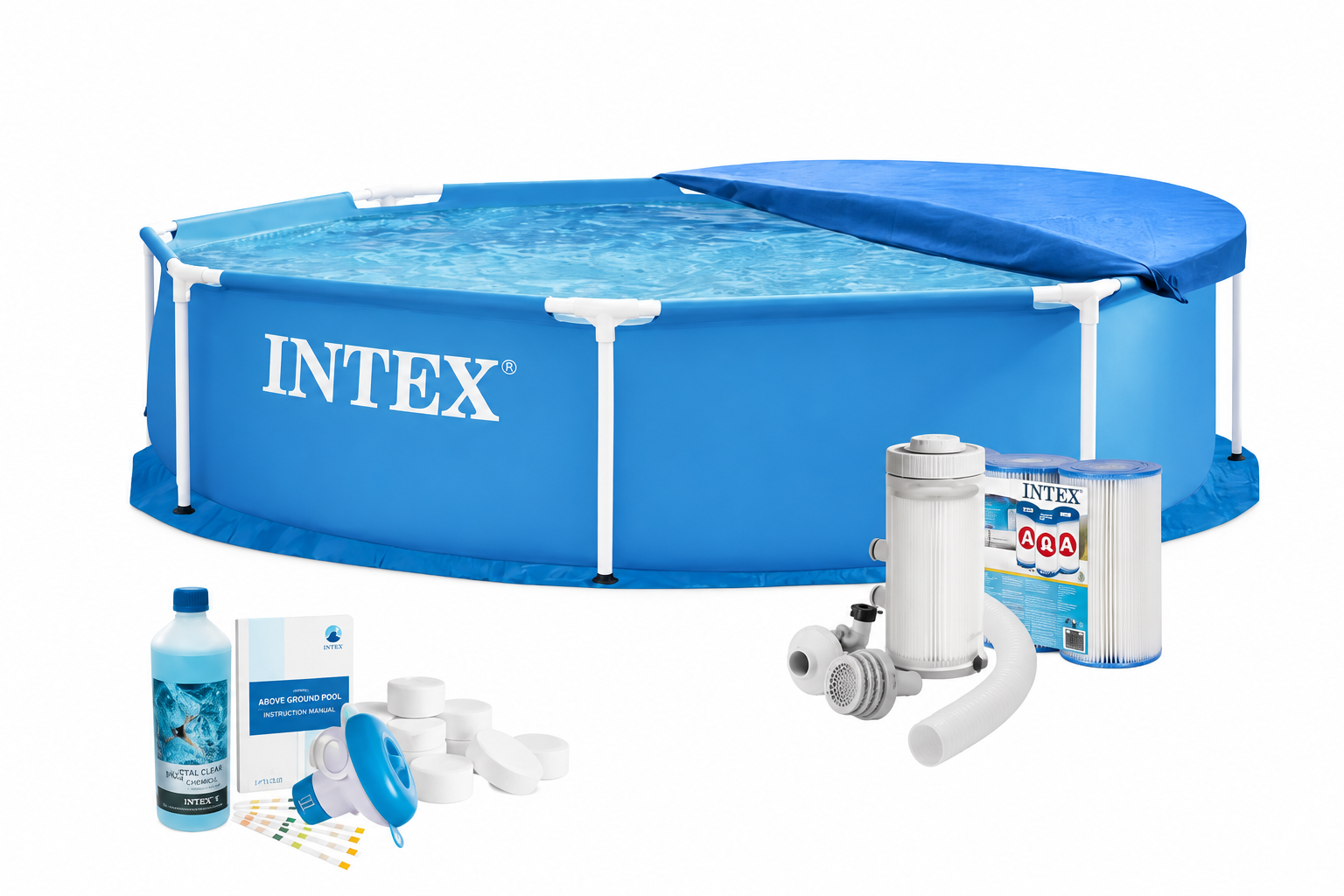 Бассейн каркасный круглый Intex 28205 7в1 244х51 см с фильтром химией/аксессуарами Синий (147-9-28205-7 Max)