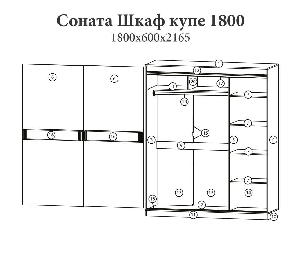 Шкаф-купе двухдверный Эверест Соната 1800 180х60х217 см Сонома/Белый (00606) - фото 3